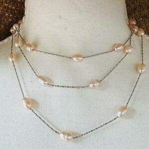 Freshwater Pearl Station Necklace - Pink Pearls on Silver Chain